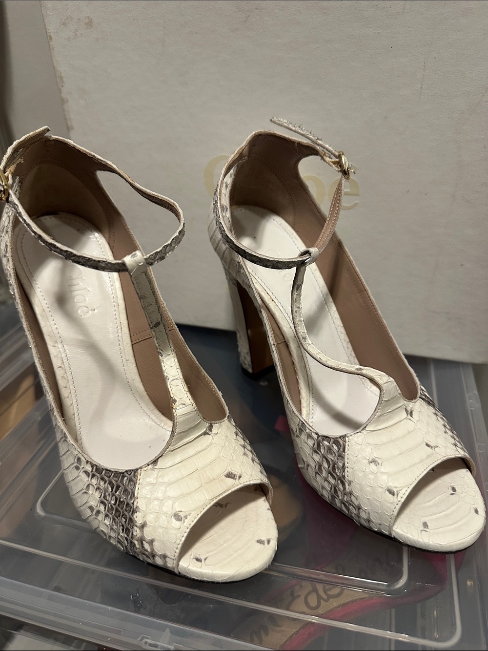Chloe Ivory Snake-Embossed T-Strap Peep Toe Heels